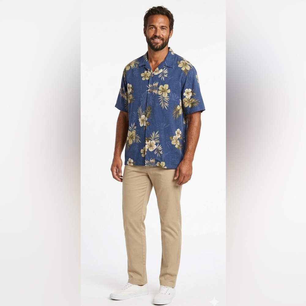 100% SILK Tommy Bahama Hawaiian Short sleeved Floral Button down Shirt Sze Large